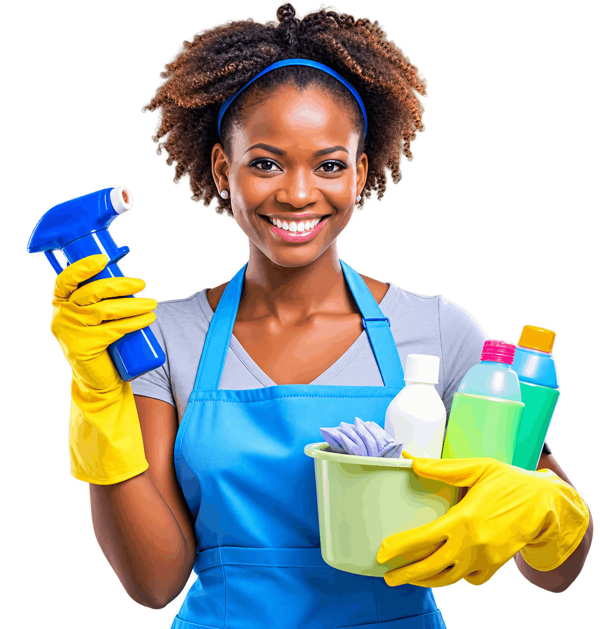 Cleaner holding a spray bottle and supplies
