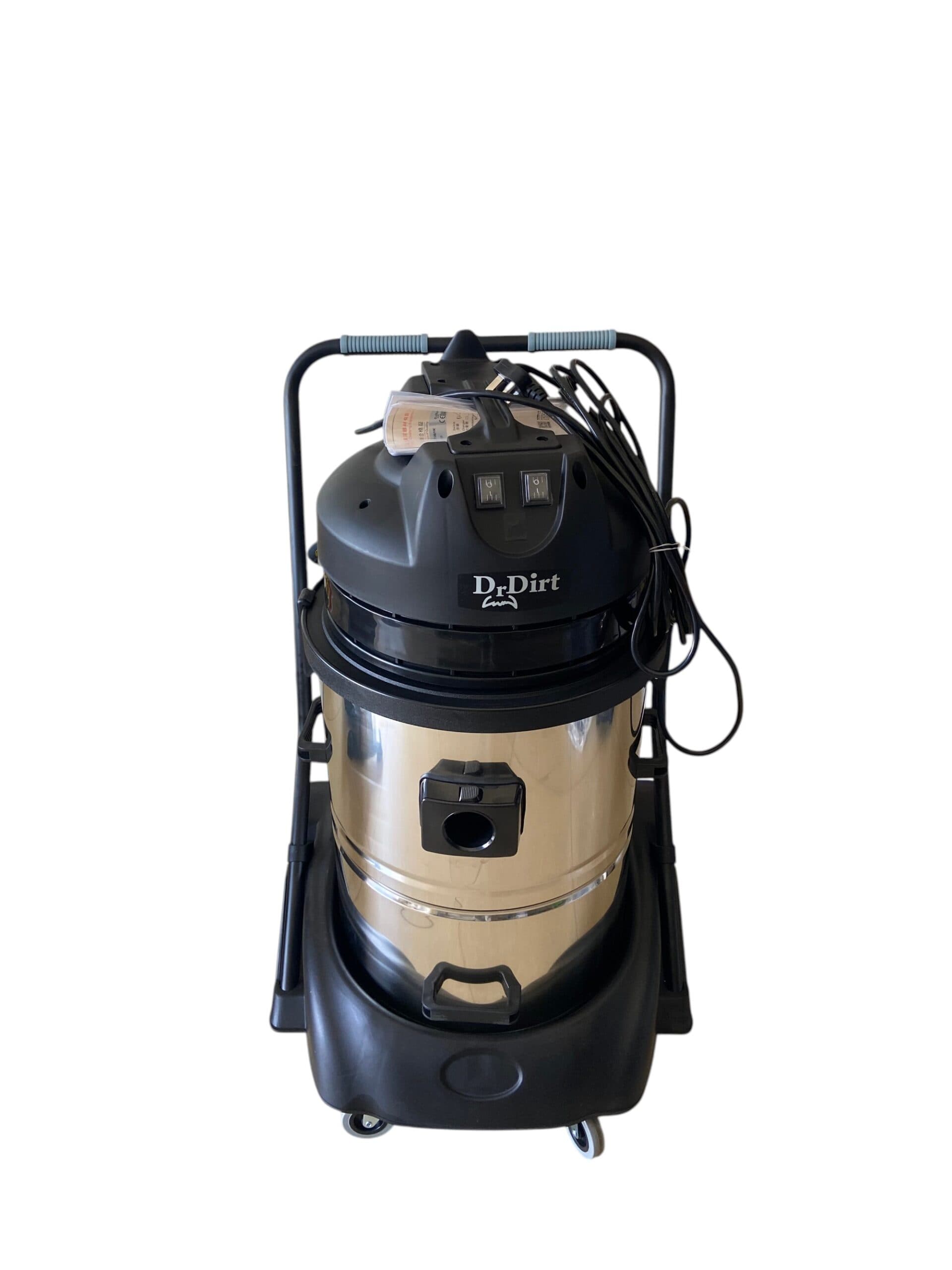 Stainless steel Dr. Dirt industrial wet and dry vacuum cleaner for rent in Accra, Ghana.