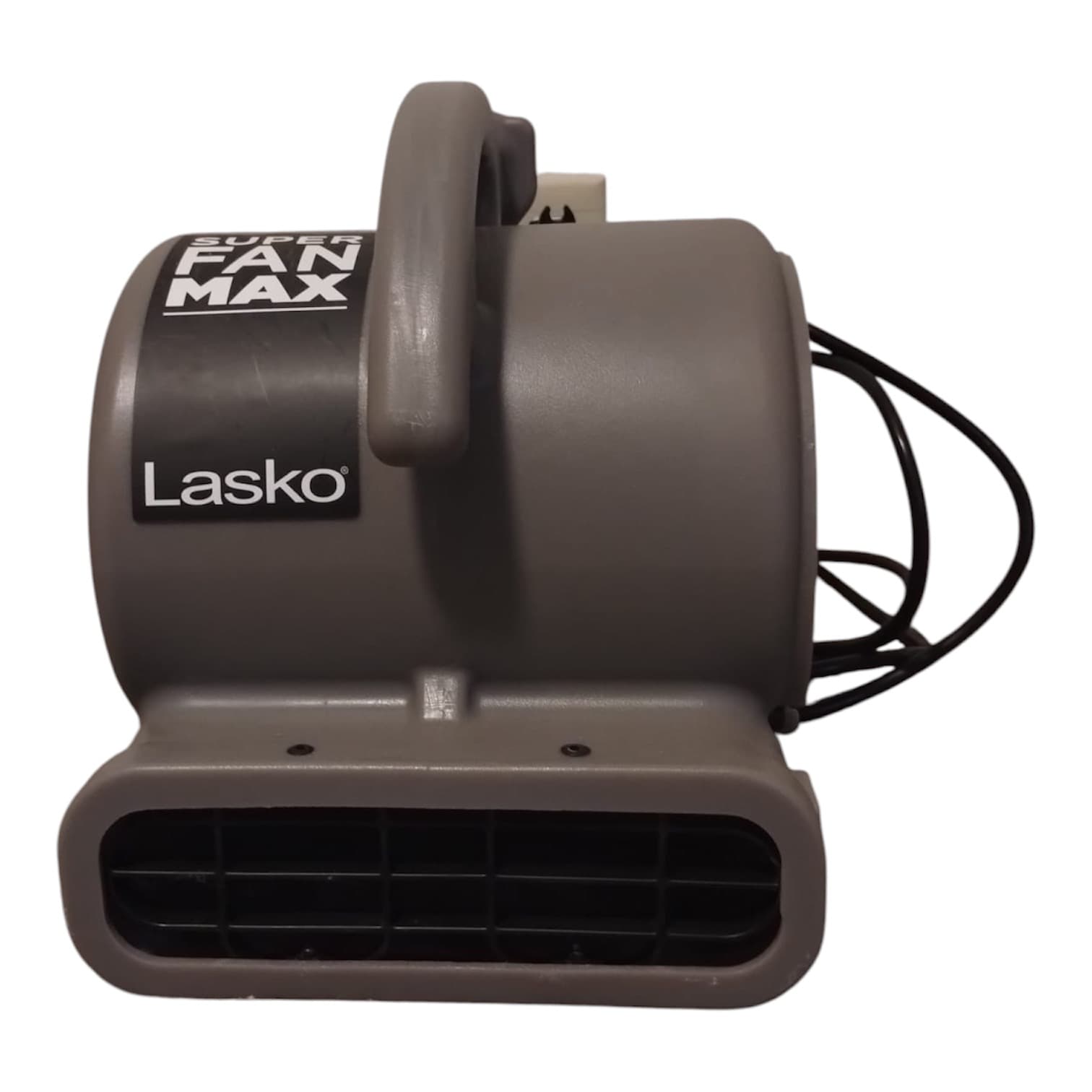 Gray Lasko Super Fan Max industrial floor dryer and centrifugal air mover with a top carry handle, isolated on a white background.